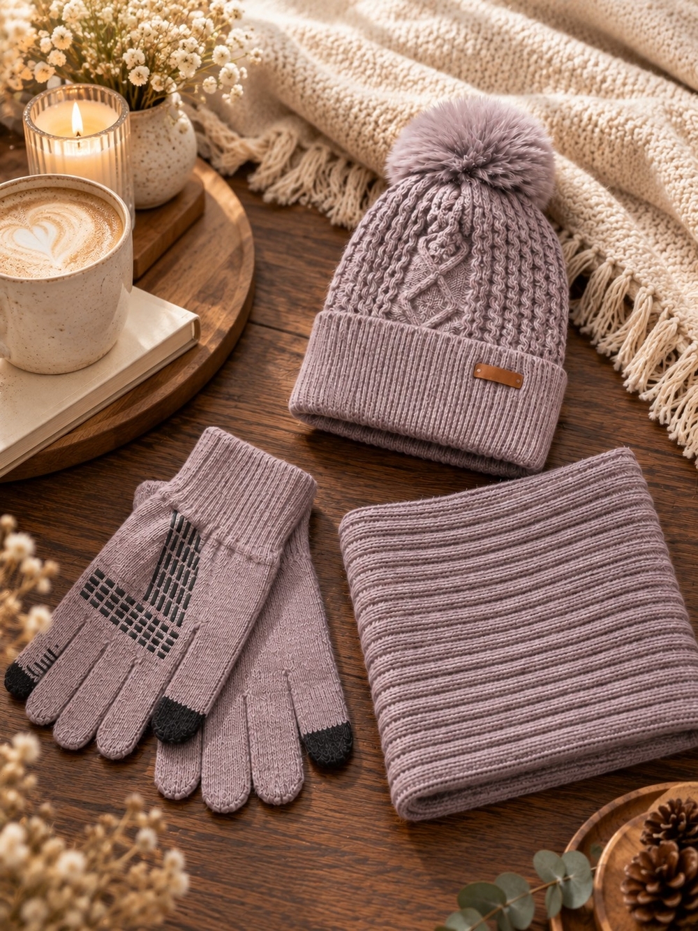 Grey Cozy Luxe 3-Piece Winter Essentials Set – Beanie, Neck Warmer & Gloves